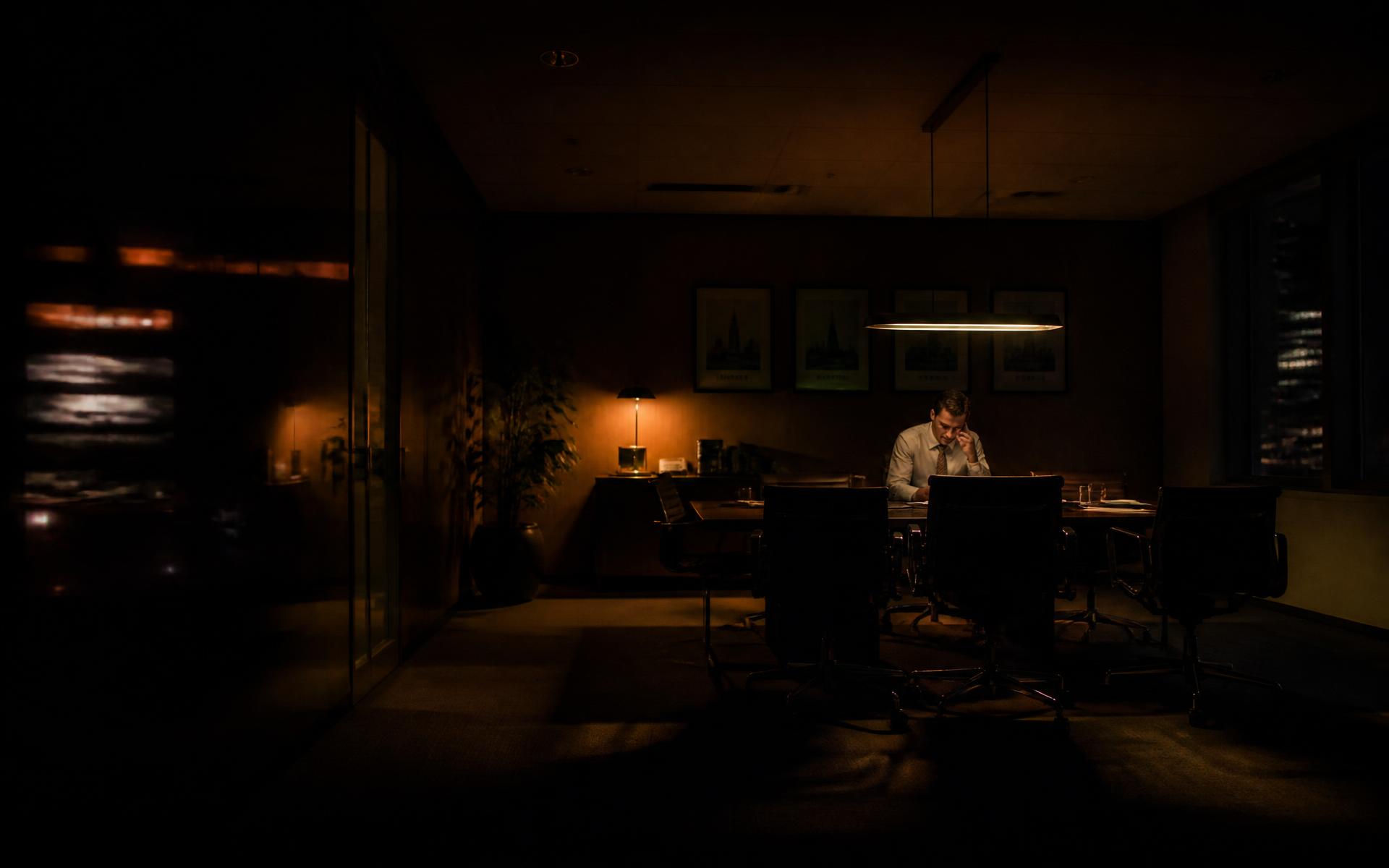 Dark cinematic office lit by warm amber light